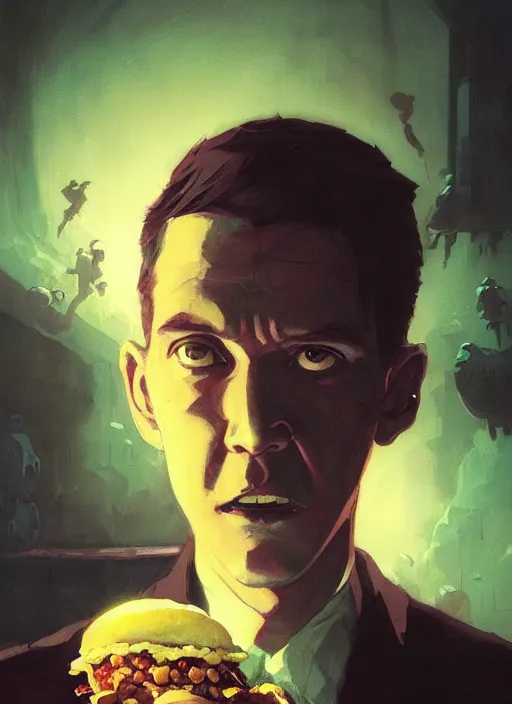 Image similar to highly detailed portrait of h p lovecraft eating shushi by greg rutkowski, mike mignola, tom bagshaw artgerm and ross tran, beautiful dramatic dark moody lighting, cinematic atmosphere, glossy magazine painting, global illumination, deep color, 8 k resolution, high details, flickr, dslr, artstation