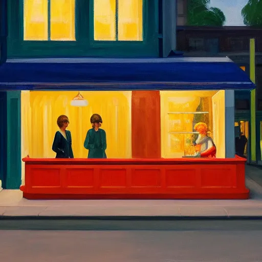 Image similar to a painting of a woman in front of a restaurant at night, in the style of Edward Hopper and Sandro Botticelli, 4k,