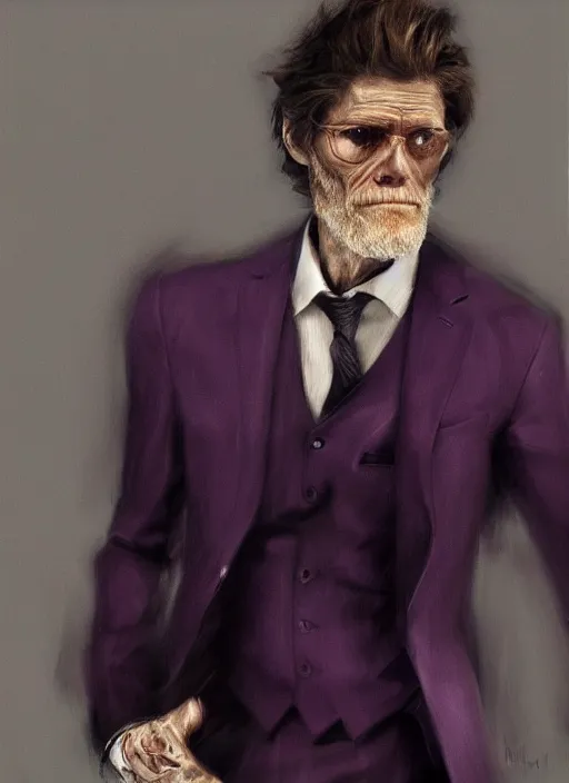 Prompt: willem dafoe wearing a dark purple suit, elegant, digital painting, concept art, smooth, sharp focus, illustration, by ruan jia and mandy jurgens and artgerm and william - adolphe bouguerea