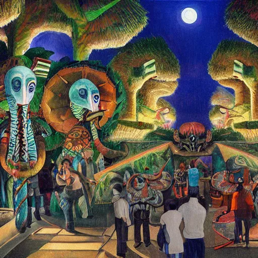 Image similar to high quality, high detail painting, dutch masterpiece, darryl mccray, film noir, diego rivera, high garden scene with quetzalcoatl at night, hd, muted lighting