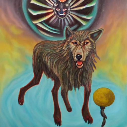 Image similar to an anthromorphic wolf jedi using the force to levitate a sheep, by amanda clark in a psychedelic style, oil on canvas