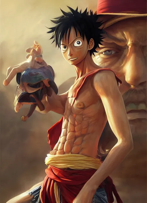 Image similar to a professional digital art of luffy, symmetrical facial features, intricate, concept art, sharp detail, smooth render, art style by Ruan Jia and Mandy Jurgens and Ian Spriggs and William-Adolphe Bouguerea