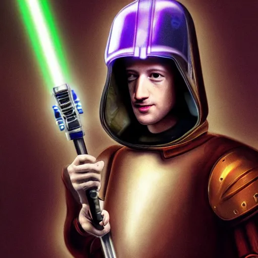 Image similar to Cyberpunk Mark Zuckerberg as a long haired medieval pilot wearing a transparent helmet while holding a purple lightsaber inside a medieval spaceship, by Diego Velázquez