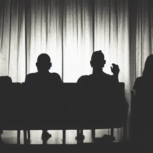 Prompt: people sitting in a dark room watching television, silhouettes of people