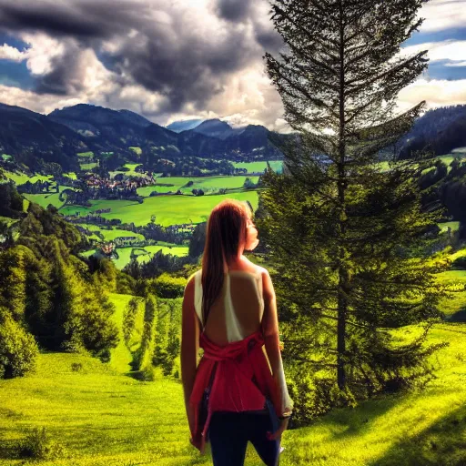 Image similar to a beautiful photograph of a girl with switzerland landscape in the background with trees, hdr, 8 k, high quality, sharp focus, artstation, highly detailed, award - winning, dramatic lighting, beautiful clouds, and nature