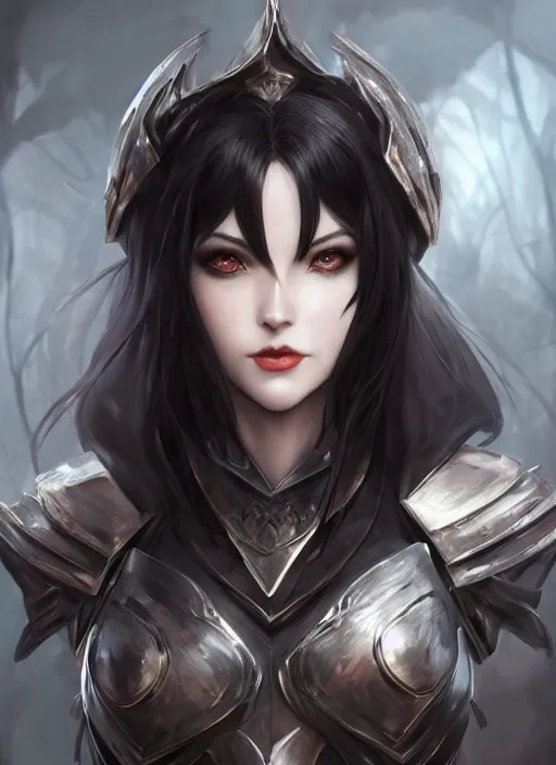 Image similar to full plate armor!!! beautiful and elegant dark hair female vampire!! gorgeous ayes!! character concept art, sharp focus, octane render! unreal engine 5! highly rendered!! trending on artstation!! detailed linework!! illustration by artgerm, wlop, and chie yoshii