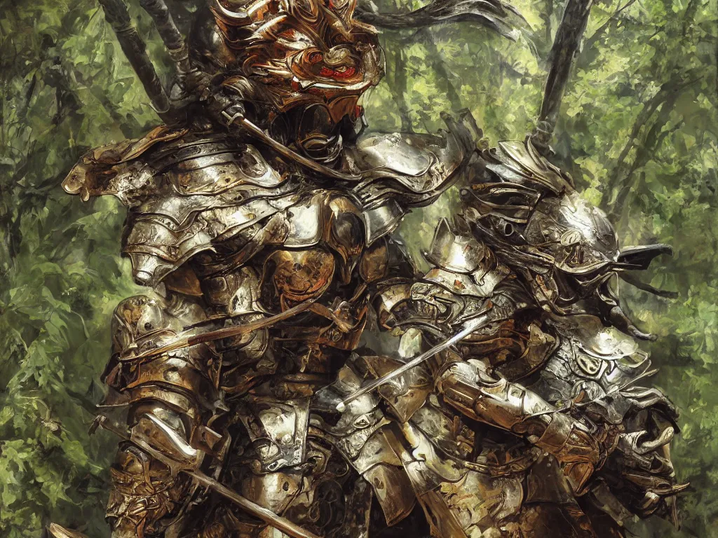 Image similar to close up of a samurai in armor resembling dragon skin and a helmet resembling a dragon head, in a dark bamboo forest, by huang guangjian and gil elvgren, sachin teng, greg manchess