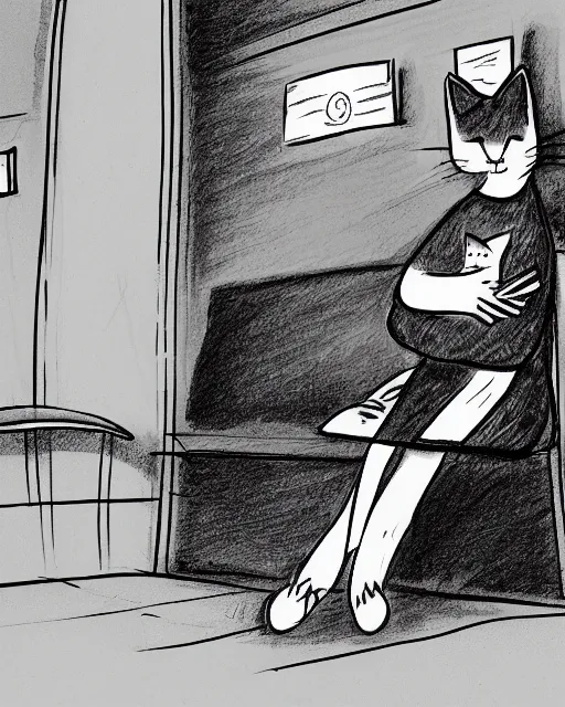 Image similar to a cat seated on the subway, cross-legged. White background. minimalist New Yorker cartoon. B&W. Black and white.