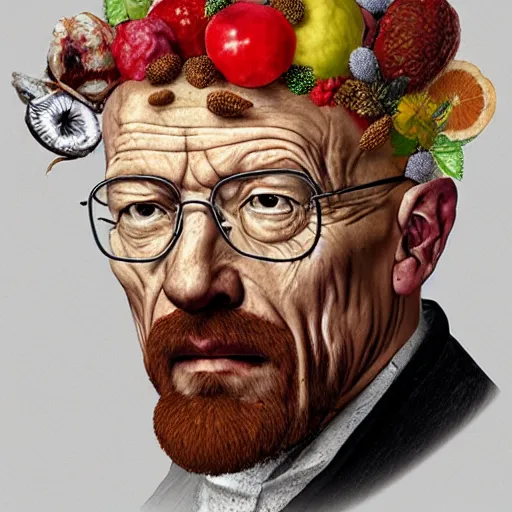 Image similar to giuseppe arcimboldo walter white, covered with fruits, unreal engine