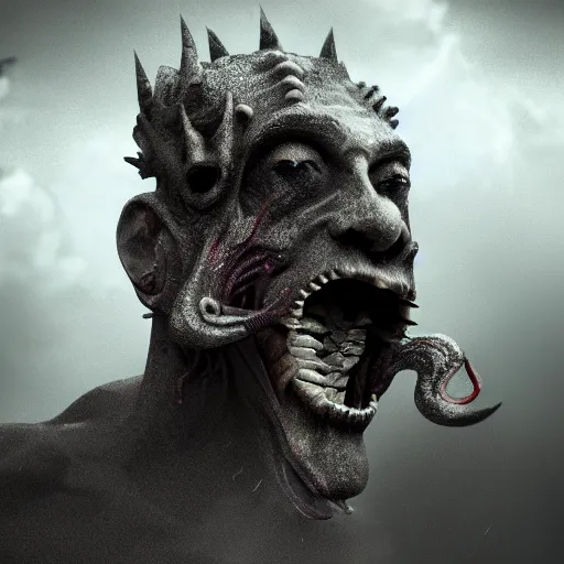 Prompt: Cloud people, lovecraft, dark, sharp focus, fog, Sharp teeth, octane render, colorful