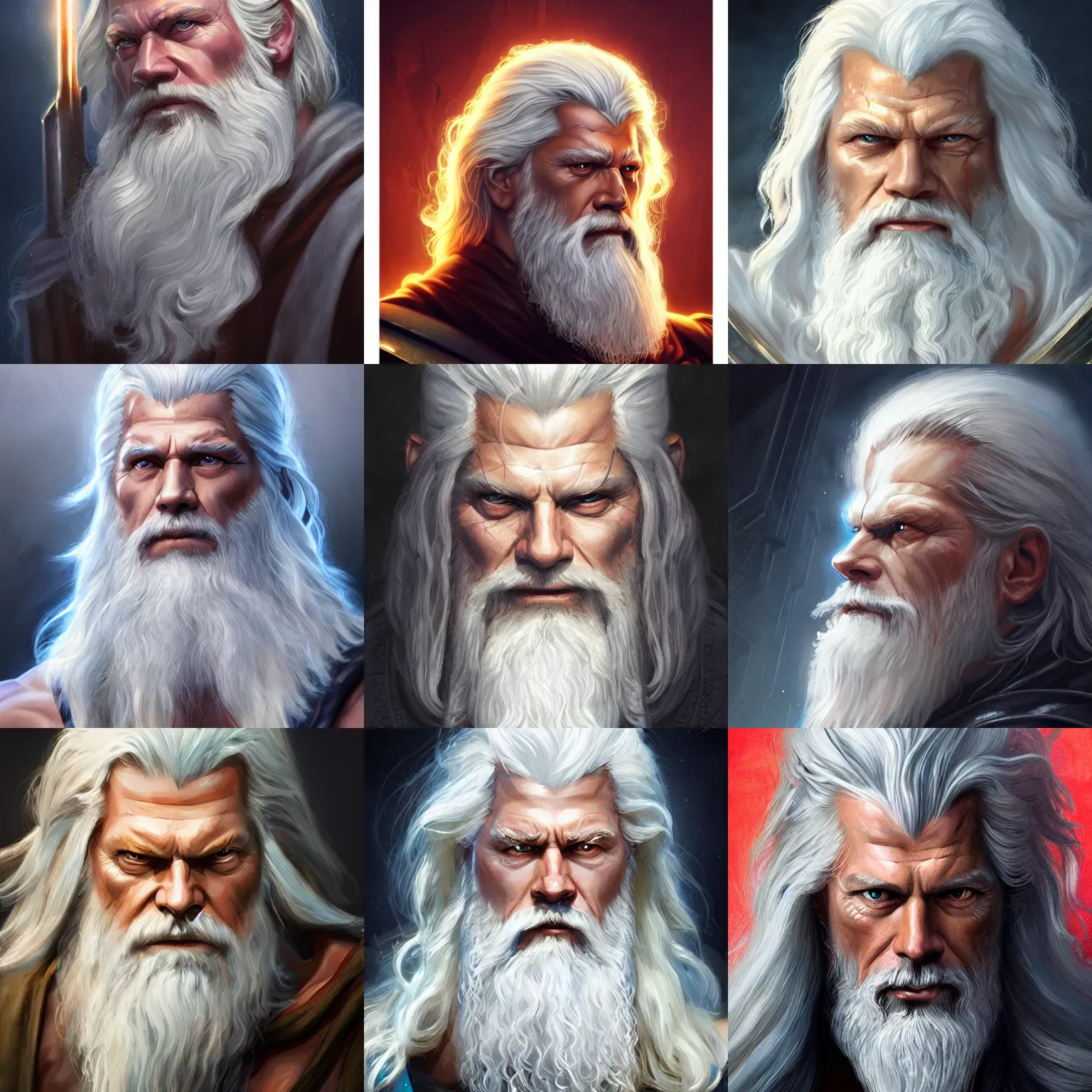 Prompt: zeus, god of thunder, stephen lang, long white hair, white beard, lightning, D&D, fantasy, highly detailed, digital painting, trending on artstation, concept art, sharp focus, illustration, art by artgerm and greg rutkowski and magali villeneuve