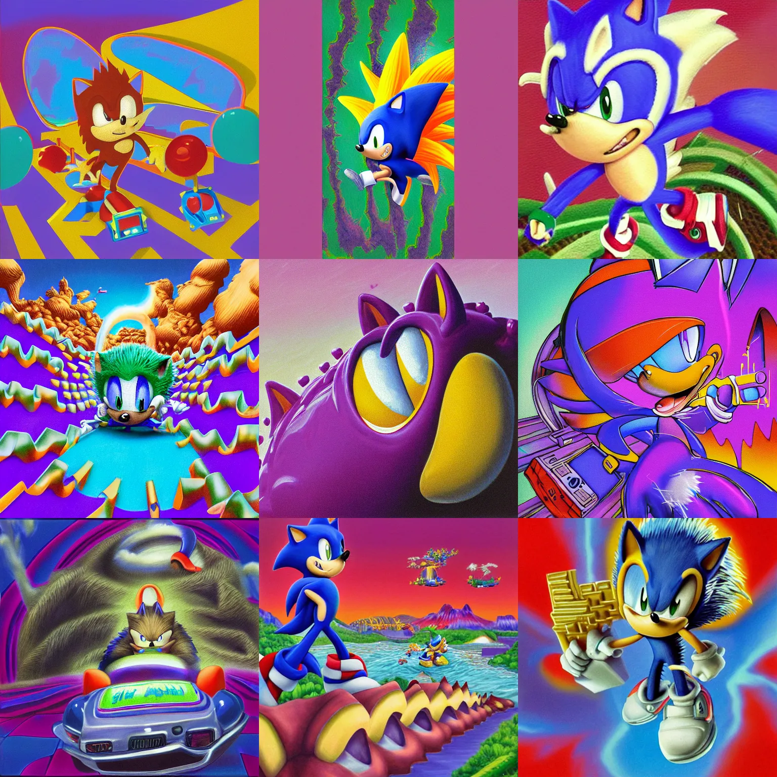 Prompt: nostalgic portrait of sonic hedgehog and a matte painting landscape of a surreal, sharp, detailed professional, soft pastels, high quality airbrush art album cover of a liquid dissolving airbrush art lsd dmt sonic the hedgehog swimming through cyberspace, purple checkerboard background, 1 9 9 0 s 1 9 9 2 sega genesis rareware video game album cover