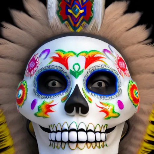 Image similar to zelda wearing dia de los muertos mask, with aztec feathered garments sigma 7 5 mm photo realism, ultra realistic, 8 k resolution, octane render, 3 d render, surreal