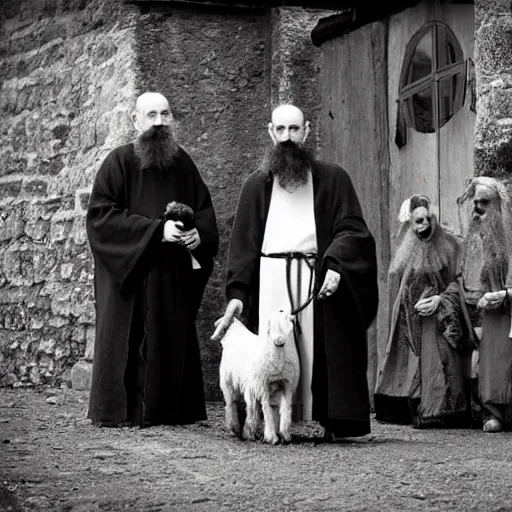 Prompt: photo of breton monks looking like rasputin with a dog and a goat, village ritualistic