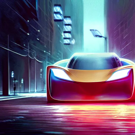 Prompt: detailed intricate digital illustration by greg rutkowski and artgerm and wlop ; 2 0 2 4 concept car electric vehicle, sharp, smooth, closeup editorial photograph ; bright, glowing, led headlights and sleek design ; sharp focus, depth of field, rain, motion blur, cinematic angle and composition, golden hour