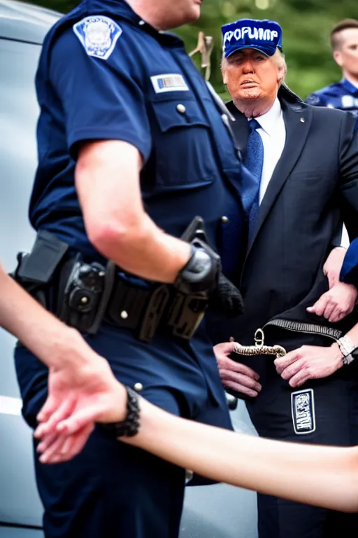 Image similar to donald trump being handcuffed by a police officer front of a police car, real life skin, intricate, high detailed, smooth, sharp focus