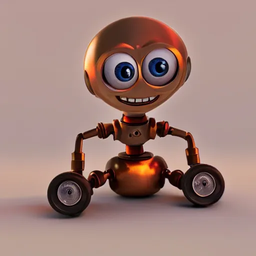 Image similar to figure of rusty bot on 3 wheels, smiling, lightbulbs as eyes, 3 d realistic, pixar esthetics, light tracing, 8 k