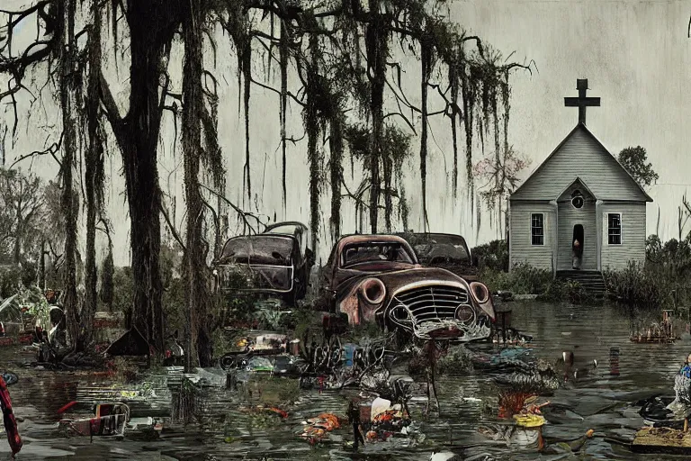 Image similar to scene from louisiana swamps, graveyard, portrait, canibal cult, old protestant church with neon satanic pentagram, junkyard by the road, boy scout troop, voodoo artwork by tim eitel