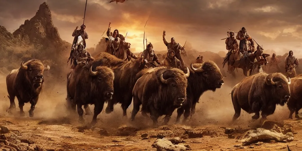 Image similar to indian tribe on wood ATV attacking bisons, action scene, an epic western, dramatic lighting, cinematic, establishing shot, extremely high detail, photorealistic, cinematic lighting, artstation, octane render, old photo, buffalo hunt movie, alpha movie, western, ultra sharp, clean symmetrical faces, high detail, intricate,hypermaximalist,hyper realism