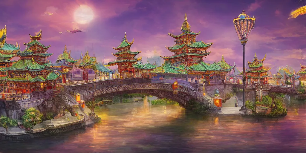 Prompt: fantasy city that combines eastern and western influences, with lampposts, bridge over the river