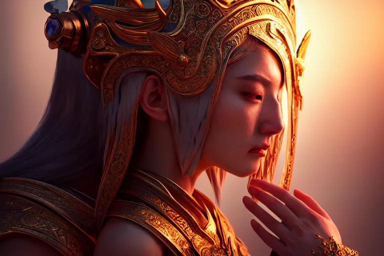 Image similar to a priestess praying to the god of war, occlusion shadow, specular reflection, rim light, unreal engine, octane render, artgerm, artstation, art by yao wang, high quality, intricate detailed 8 k, fantasy illustration, extremely beautiful and aesthetic shape of face and body