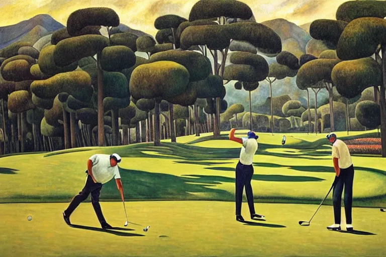 Image similar to Three golfers on a beautiful golf course driving range, by Diego Rivera