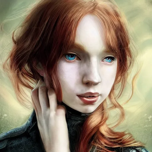 Prompt: a cute 20 year old girl, pale, petite with neck length ginger hair that is middle parted, with freckles, looks annoyed, wearing a black coat by artgerm and wlop and scott fischer and seb mckinnon, digital art, highly detailed, wide shot, intricate, fantasy, mystical, sharp focus, Trending on Artstation HQ, deviantart, unreal engine 5, 4K UHD image