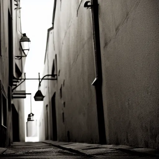 Image similar to a gloomy alley, a man stands in the darkness but the white of his eyes can be seen, dark, gloomy, skeptical