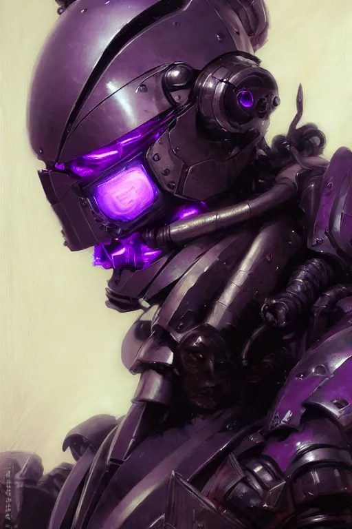 Image similar to extreme close up, facial portrait, woman with a long black ponytail in purple sci - fi armor, kitsune mask on head, mechanical armor, cybernetic hands, striking pose, portrait dnd, painting by gaston bussiere, craig mullins, greg rutkowski, yoji shinkawa