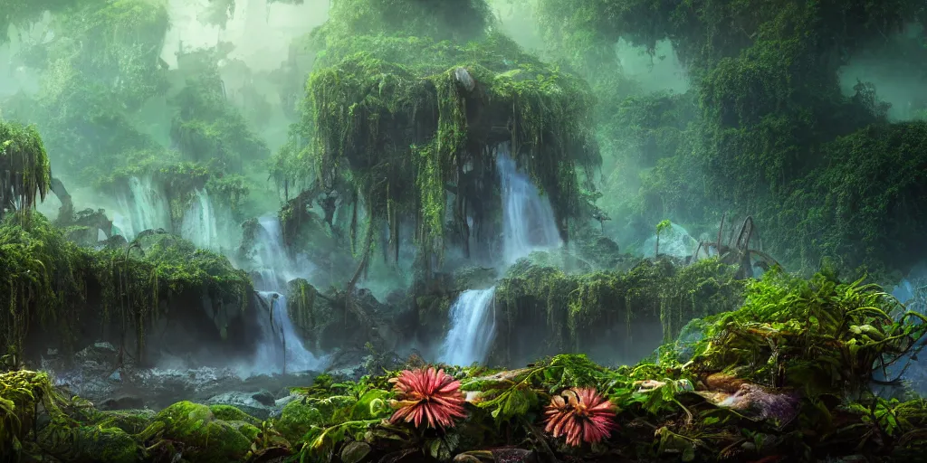 Image similar to a rusty ethereal ghost shipwreck in a prehistoric jungle, lush flora, waterfall, towering mountains, flowers, vines, sunset, hazy, volumetric lighting, rtx on, washed out colors, an award winning digital render, beautiful, stunning, ultradetailed, great composition