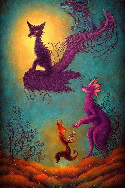 Image similar to surreal hybrid dragons and foxes, nostalgia for a fairytale, magic realism, flowerpunk, mysterious, vivid colors, by andy kehoe, amanda clarke