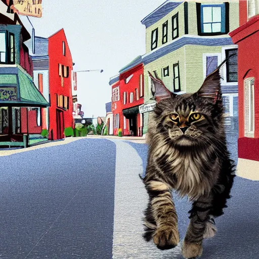 Image similar to a maine coon in maine walking down main street, 4 k, digital illustration,