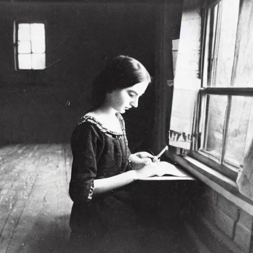 Image similar to Photograph of Anne frank writing in her diary in the attic