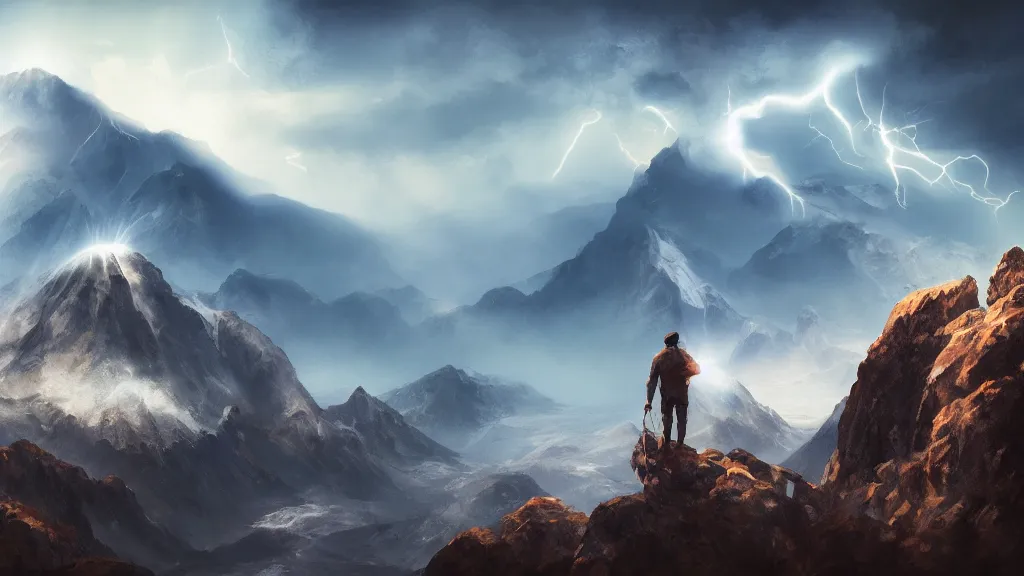 Prompt: someone standing at the peak of a mountain, big planet in the background, majestic, digital painting, cinematic lightning, highly detailed, trending on artstation