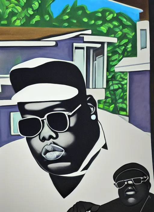 Prompt: biggie smalls wearing sunglasses standing in front of a mid century modern house painted by Brandon Deener, highly detailed