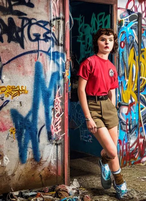 Prompt: Chrissy from stranger things in an abandoned trailer school, graffiti, trash, photo, colorful image