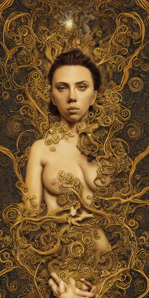 Image similar to masterpiece with intricate designs, tarot card, a mandelbulb fractal scarlett johansson, southeast asian diety statue, full of golden layers, flowers, clouds, vines, mushrooms, swirls, curls, wave by Hokusai and Mike Mignola, trending on artstation, elaborate illustration, beautiful hands close to a candle in dark room, cinematic, powerful, moon beams dramatic light, highly, intricate elements, detailed, digital painting, artstation, concept art, sharp focus, illustration, art by artgerm