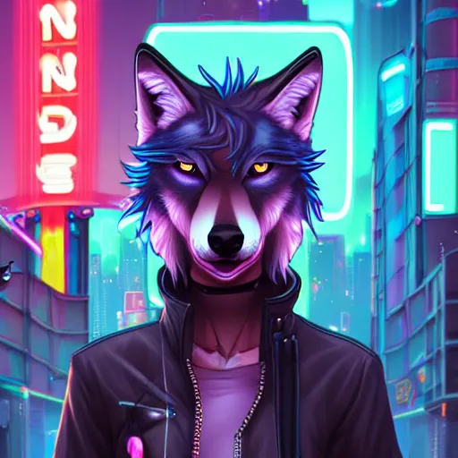 Image similar to beautiful furry digital art portrait commission of an androgynous furry anthro wolf fursona wearing punk clothes in the streets of a cyberpunk city. neon signs. character design by charlie bowater, ross tran, artgerm, and makoto shinkai, detailed, inked