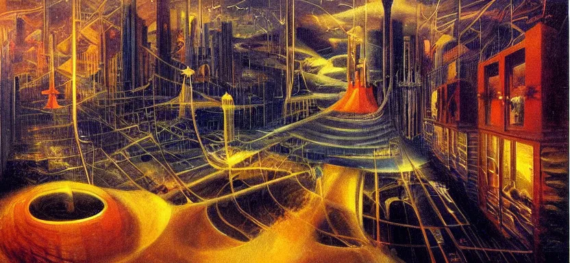 Image similar to beautiful masterpiece painting of a futuristic city under the sea, cyberpunk, by Remedios Varo 8k,