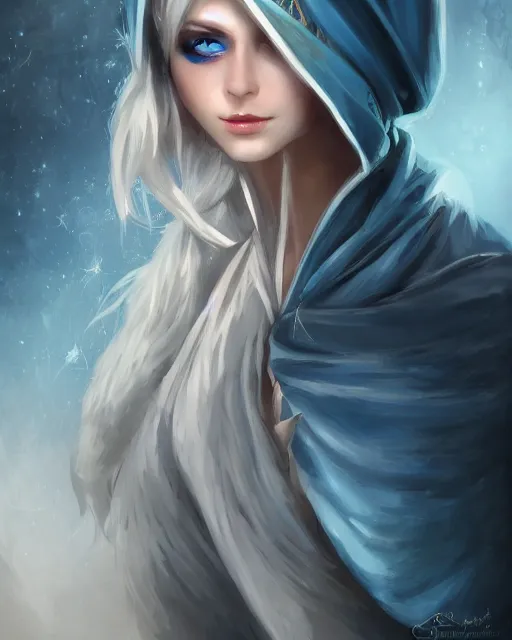 Image similar to A beautiful mysterious girl with hooded cobalt-blue eyes and silky white hair, guitar shape build, her wardrobe is attractive, full body, fantasy art, in the style of Tony Sart, illustration, epic art, fantasy, intricate, elgant, amazing detail, digital painting, artstation, concept art, smooth, sharp focus