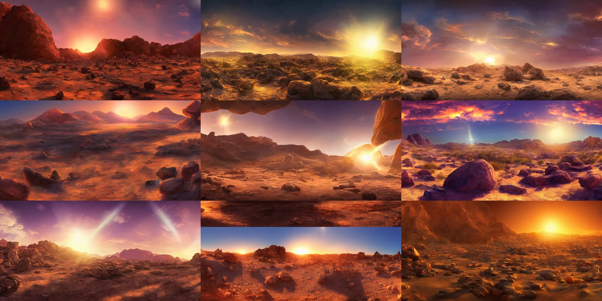 Prompt: digital paint of a scifi sidescroll game panorama of a desert, with rocks and some technological garbage, gradients and soft light, lens flare, sunset, light glow