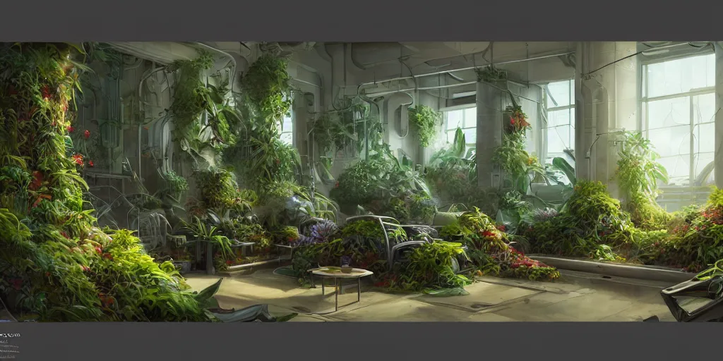 Image similar to two seats made of plants in a completely back room concept art in space octane render by jesper ejsing james jean ju