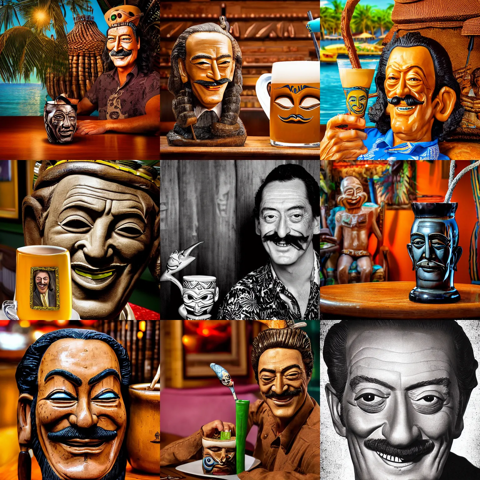 Image similar to a closeup photorealistic photograph of smiling salvador dali at trader vic's bar sitting next to a trader vic's style tiki mug featuring the face of salvador dali. tiki culture. bright scene. 4 k hd image that's trending on artstation, featured on behance, well rendered, extra crisp, features epic composition and the style of unreal engine.