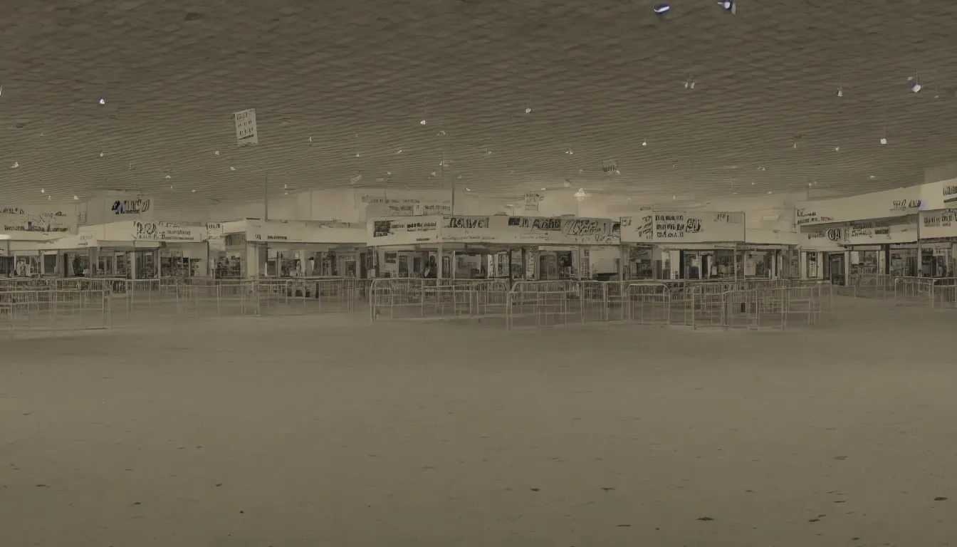 Image similar to empty fair, counters, no people, sad, melancholic, depressing, very detailed, emotional, 4 k