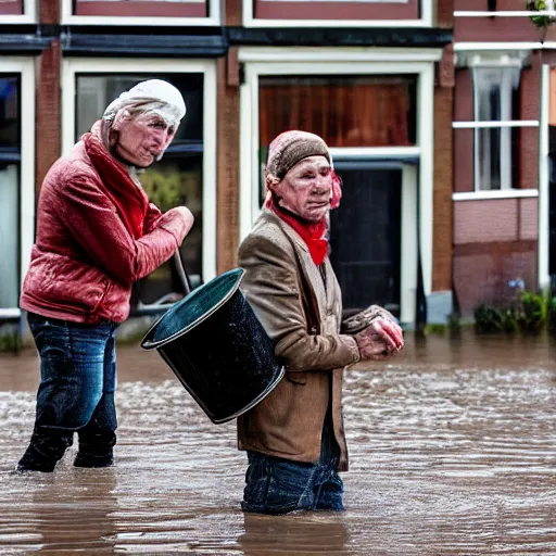 Image similar to closeup potrait of Dutch people with buckets in a flood in Amsterdam, photograph, natural light, sharp, detailed face, magazine, press, photo, Steve McCurry, David Lazar, Canon, Nikon, focus