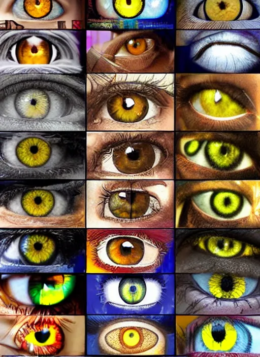 Image similar to grid montage of cube shaped eyes, cube shaped dilated pupils, cubic irises, detailed colored textures, eyelashes, advanced art, art styles mix, from wikipedia, wet reflections in cube eyes, sunshine light, hd macro photograph, from side, various eyelid positions