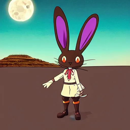 Prompt: a study of cell shaded cartoon mega bunny from howl's moving castle ( 2 0 0 4 ) on a desert road, in front of a big moon, full body, wide shot, very muted colors, post grunge, studio ghibli, laurie greasley, highly detailed, deviantart, art by artgem