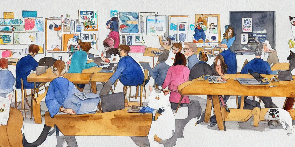 Prompt: watercolor illustration style, cats in jackets research meet in big table, business, inspiring art