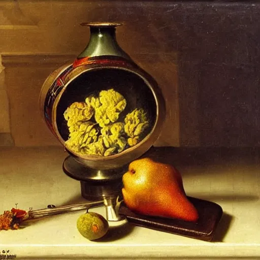 Image similar to gravity bong with weed in still life. dutch masters, 1 8 th century. oil on canvas