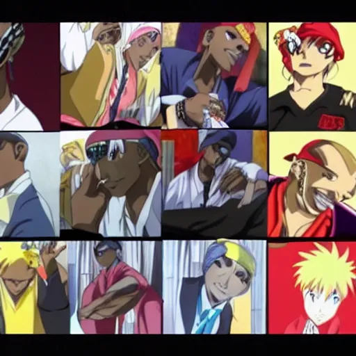 Image similar to Tupac Shakur, screenshot from a 2012s anime